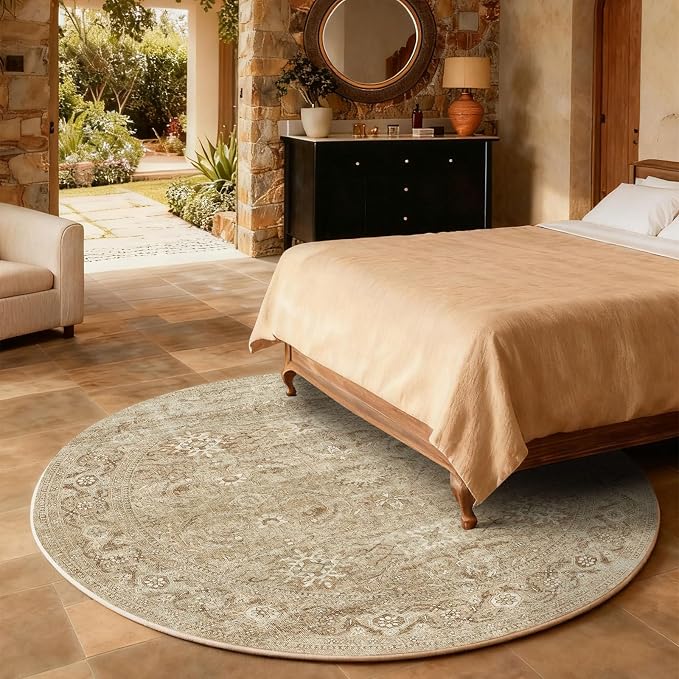 4ft Round Washable Rugs for Bedroom: Circle Living Room Rug Boho Non Slip Low Pile Soft Faux Wool Non Shedding Small Carpet for Kitchen Entryway Bathroom Bedside Office College Dorm Kids Room Entrance