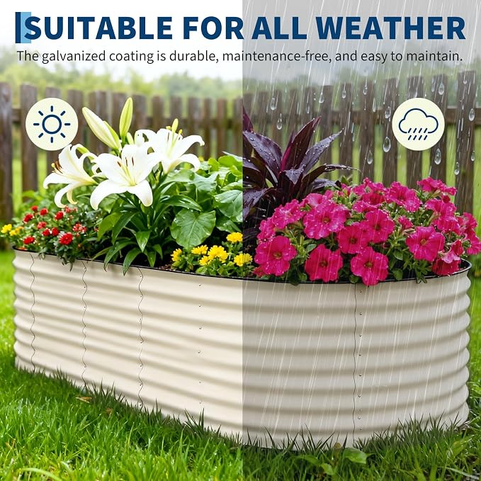 Garvee 8x4x2ft 4 Pack Galvanized Raised Garden Bed Kit, Oval Metal Planter Boxes for Outdoor, Rust-Resistant Deep Root Planters for Vegetables Flowers Herb, Easy Assembly, Beige