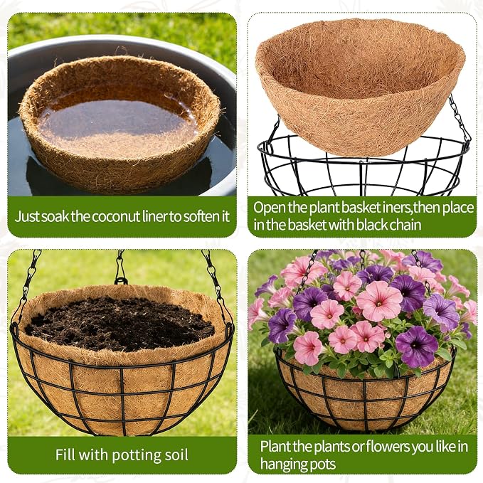 14 Inch Hanging Baskets for Plants Outdoor, 4 Pack Large Hanging Planters for Outdoor Plants, Round Metal Wire Hanging Flower Pots with Coconut Coir Liners for Garden, Deck, Porch, Balcony