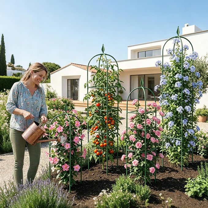 2 Pack Garden Obelisk Trellis for Climbing Plants, 6 FT Metal Rustproof Plant Support Rose Trellis, Tower Potted Cages for Flowers Fruits Vegetable Vines Indoor & Outdoor, Green(4 Tiers)