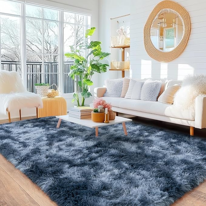 Large Area Rugs 9x12 Living Room, Ultra Fluffy Fuzzy Shag Rug for Bedroom, Modern Plush Soft High Pile Upgrade Non-Slip Carpet for Kids Girls and Boys Room Decor, Tie-Dyed Blue Grey