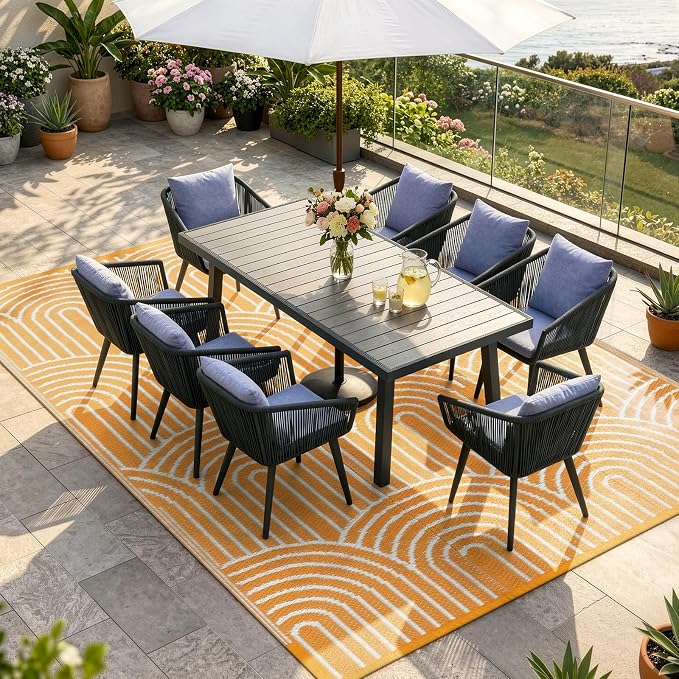Lahome Outdoor Area Rugs 8x10 Waterproof, Plastic Reversible Rv Mats for Outside, Portable Lightweight Camping Carpet for Beach Backyard Garden (Rainbow Orange, 8'x10')