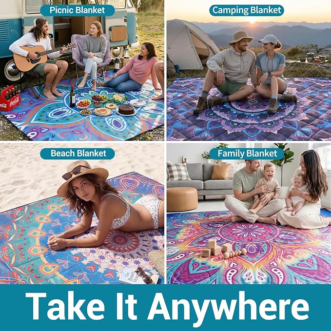 80x80" Large Boho Picnic Blankets Outdoor Water proof Sand proof Beach Blanket Packable Patio Grass Park Camping Mats Camper Hiking Must Haves Gifts Car Road Trip Gear Outside Rv Travel Stuff
