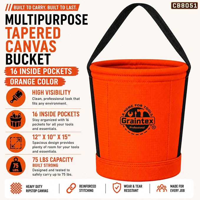 Graintex Tapered Canvas Bucket 12"x10"x15", Utility Tool Bucket 16 Inside Pockets, Reinforced Base & Carry Handle, Ripstop Canvas, Multi-Purpose Bag for Jobsite & Home Use for Tool Storage Solutions