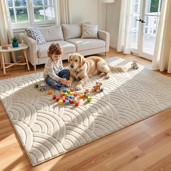 SHACOS Soft Cozy Fluffy Arch Waves Pattern High-Low Textured Area Rug 4'x6' | Non Slip Washable Minimalist Modern Graphic Rainbow Carpet for Living Room Bedroom Bathroom Dining Room, Cream