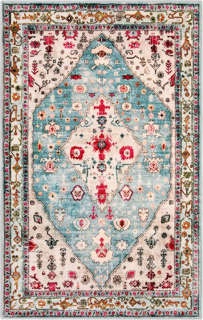 Lahome Felice 3x5 Boho Tribal Washable Rug, Non Slip Rugs for Entryway Bedroom Living Room, Vintage Ultra Soft Non-Shedding Indoor Floor Throw Carpet for Kitchen Dorm Coffee Table, Aqua
