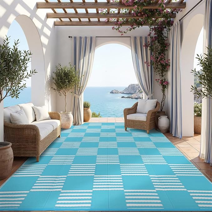 Garvee Waterproof Outdoor Rug 6x9, Checkered Foldable Plastic Straw Patio Camping Rug, Outdoor RV Carpet for Deck Camper Porch Balcony Backyard Picnic Beach Blue and White