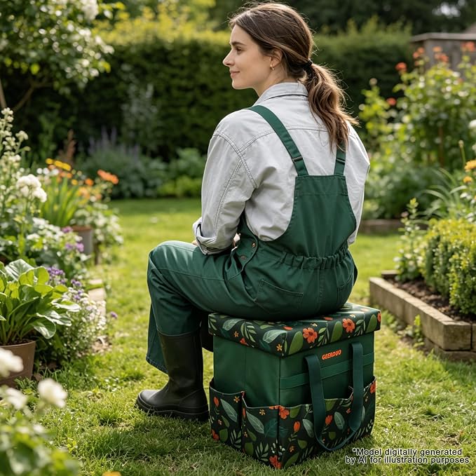 30L Collapsible Garden Seat & Storage Box, Heavy Duty Floral Organizer Bag with 10 Side Pockets, Portable Foldable Stool for Camping, Picnic, Car Trunk and Home