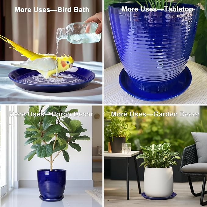 Plant Saucer for Outdoors - Ceramic Plant Saucer, 10 Inch Plant Trays for Indoors, Round Flower Pot Saucer, Large Plant Drainage Tray, Plant Plates to Catch Water Blue