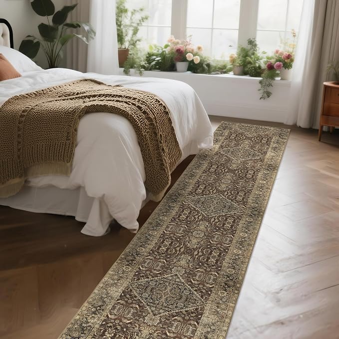 Vintage Brown Runner Rugs for Hallway: Washable Runner Rug 2x10 for Kitchen Entryway Bathroom Bedroom Indoor - Home Decor Mat Carpet - Oriental Dark Brown