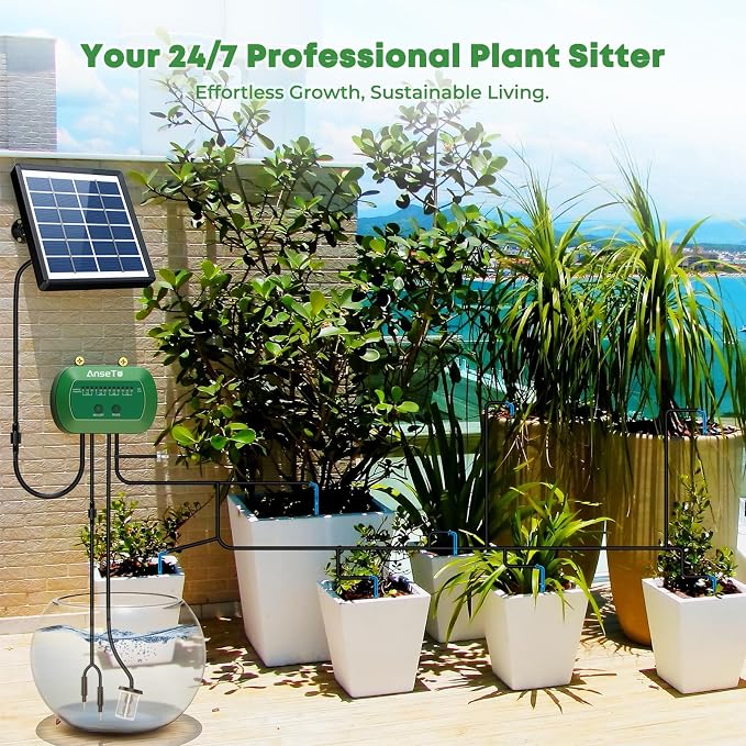 Solar Drip Irrigation System, Automatic Watering Kit with Split Design & Anti-Siphon Valve, 12 Modes Garden Irrigation System with 49ft Hose for 15 Potted Plants, Patio, Balcony & Greenhouse