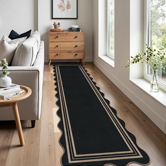 Scalloped Easy Jute Kitchen Runner Rug, 2.6x10 Non Slip Entryway Runner Washable Outdoor Indoor Long Rug, Farmhouse Morden Carpet for Hallway Bedroom Laundry