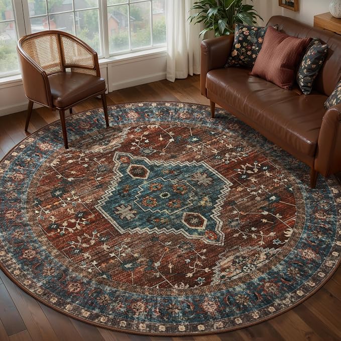 Tangsoo Oriental Washable Round Rugs 4ft, Non Slip Small Circle Rug | Vintage Low Pile Circular Rugs, Boho Round Area Rug for Living Room Bedroom Entryway Nursery Office Dorm Rust Blue Home Decor