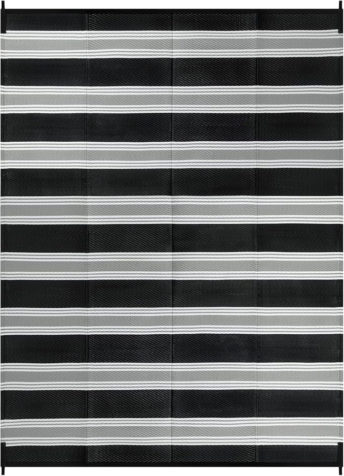 Lahome Striped Outdoor Plastic Straw Rug, Reversible Outdoor Rug Waterproof 9x12 Rugs for Patio, RV Camping Rug Picnic Mat Outside Large Carpet for Beach Deck Backyard Balcony(Black/Grey,9'x 12')
