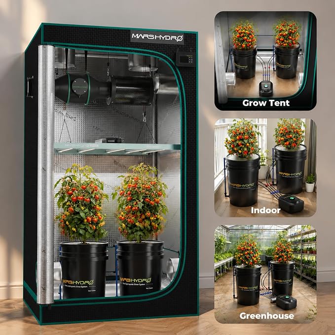 MARS HYDRO DWC 4‑Bucket Hydroponic System with Pump & Drip | 5 Gallon Capacity, 11W Air Pump, Air Stone & Hose, Recirculating Top Drip, Deep Water Culture Design