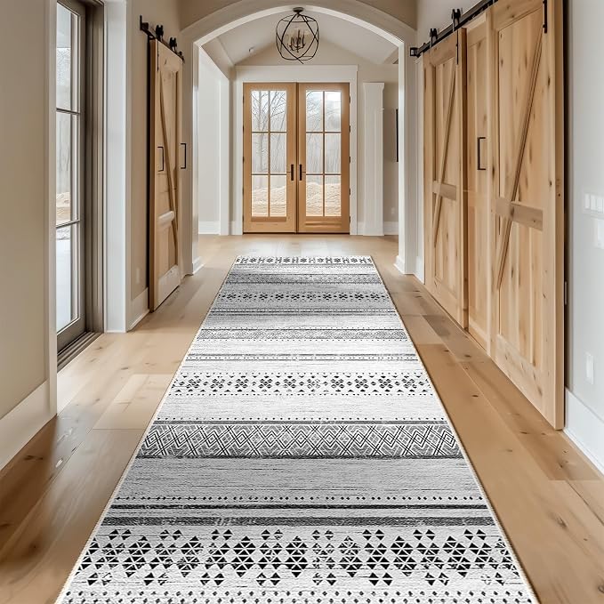 2x8 Washable Area Rugs for Living Room Boho Runner Rug Grey/Black/Navy | Vacuum Friendly, Machine Washable, Non-Slip Rug, Stain Resistant, Moroccan Geometric, Low Pile Carpet, Hallway Kitchen