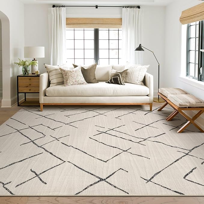 kakania Washable 5x7 Area Rug for Living Room: Boho Geometry Home Decor | Soft Stain Resistant, Low-Pile, Non-Slip, Pet & Kid Friendly, Thin Rug for Bedroom/Dining Room/Kids Dorm - Beige