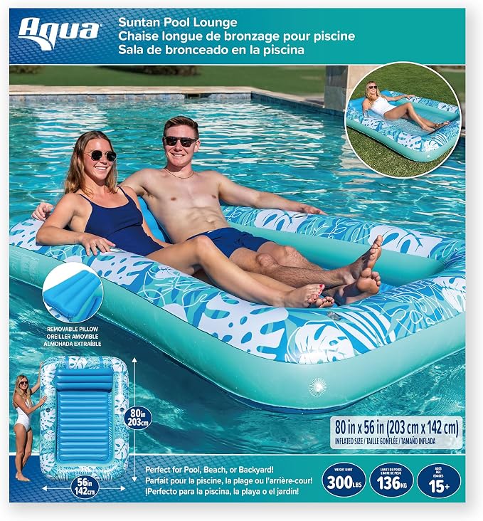 Aqua Inflatable Tanning Pool Lounger, Premium Pool Float with Cupholders and Removeable Pillow for Relaxation and Fun