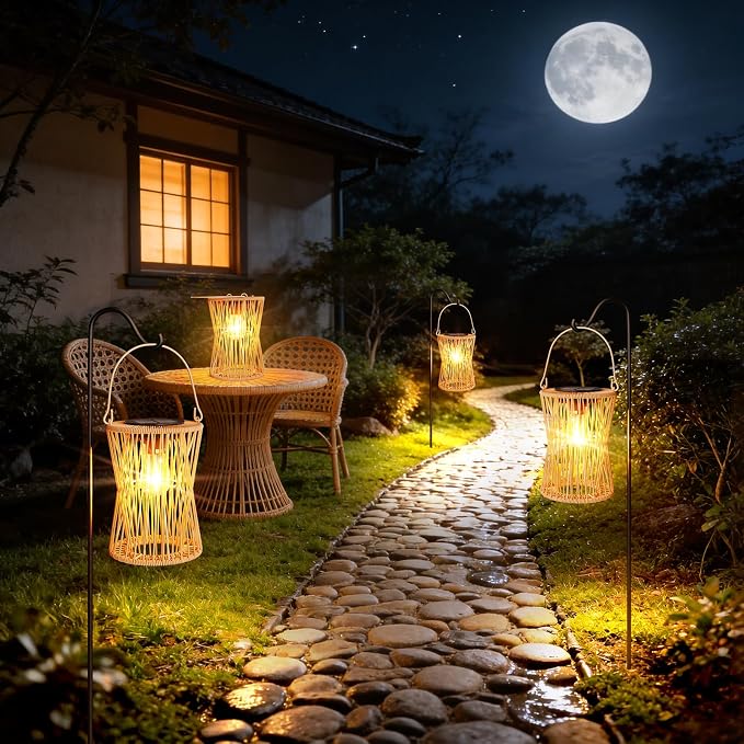 Solar Lanterns Outdoor Waterproof 4 Pack, Upgraded Rattan Hanging Solar Lights for Outside with Handle, Bright Auto On/Off Decorative Outdoor Lanterns for Patio Garden Yard Porch, Gifts for Mom