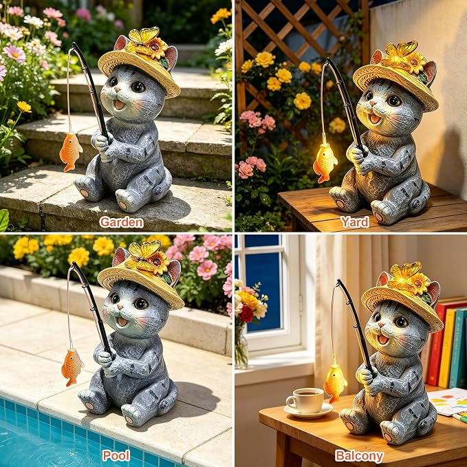 Solar Garden Outdoor Cat Statues with Butterfly, Fishing Cat Figurine Solar Lights Waterproof, Housewarming Birthday Gifts for Cat Lovers Mom Women, Lawn Home Decor for Patio Balcony Yard Ornaments