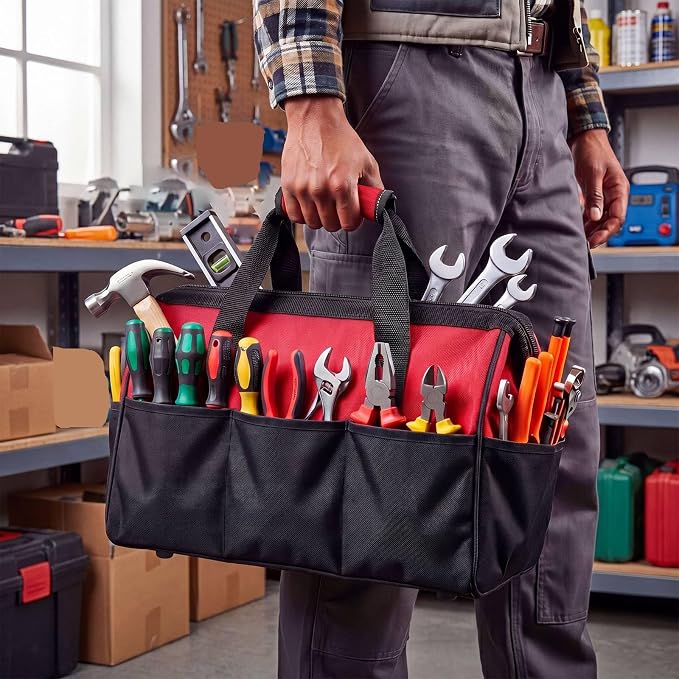 Sanwuta 3 Pack Tool Bag for Men with Waterproof Hard Bottom, Heavy Duty Tool Bag Wide Mouth Tote for Various Instrument, Electrician Carpenter Mechanic(Blue, Red, Yellow,18 Inch,Side Pockets)