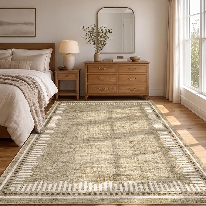 Garvee Living Room Washable Area Rugs 9x12 Taupe Neutral Scalloped Carpet | Large Modern Solid Color Low Pile Stain Resistant Dining Room Throw Carpet Geometic Non Slip Pet Friendly Bedroom Nursery Rug