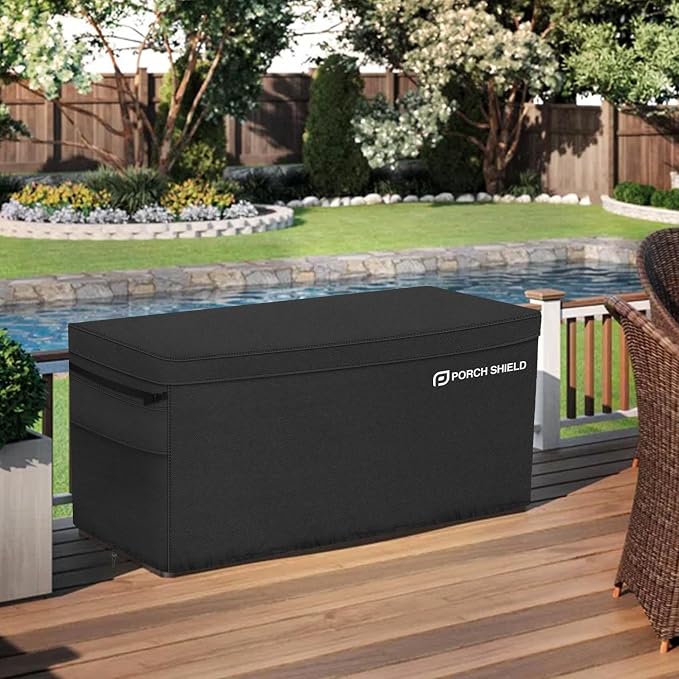 Porch Shield Patio Deck Box Storage Cover - 600D Outdoor Waterproof Tear Resistant Rectangular Fire Pit Table Cover 56 x 26 x 26 inches(Top Zipper, Black)