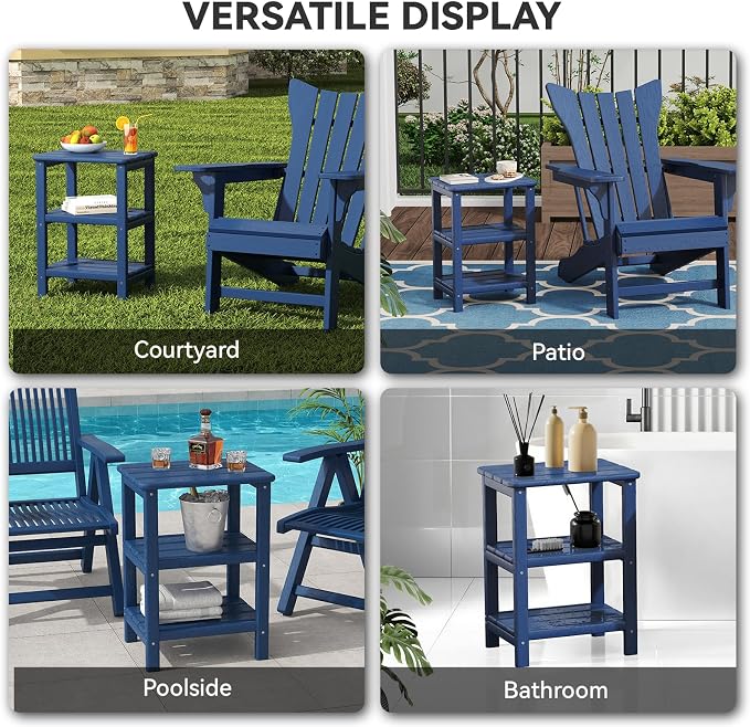 3 Tier Outdoor Side Table Adirondack Side Table HDPE End Table Patio Side Table Rectangle Tables for Outdoor Backyard Garden Balcony (Retro, Blue)