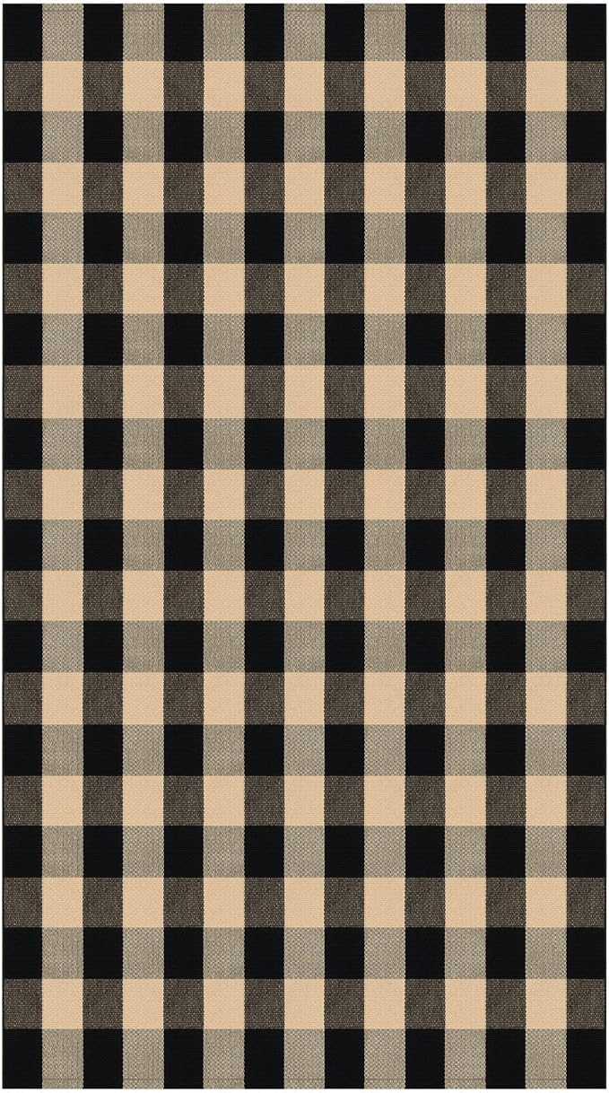 IOHOUZE Buffalo Plaid Rug 5x7 Ft Indoor Outdoor Rug, Washable Rugs for Living Room, Spring Summer Welcome Mats Outdoor, Cotton Area Rug for Farmhouse/Entryway/Home Entrance,Tan Black