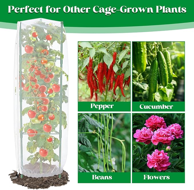 6 Pack Tomato Cage Netting Covers for Triangle Tomato Cages, 43" × 14.6" Fine Mesh Garden Netting with Easy-Access Zipper & Adjustable Drawstring, Durable Bird & Insect Barrier for Tomato Plants