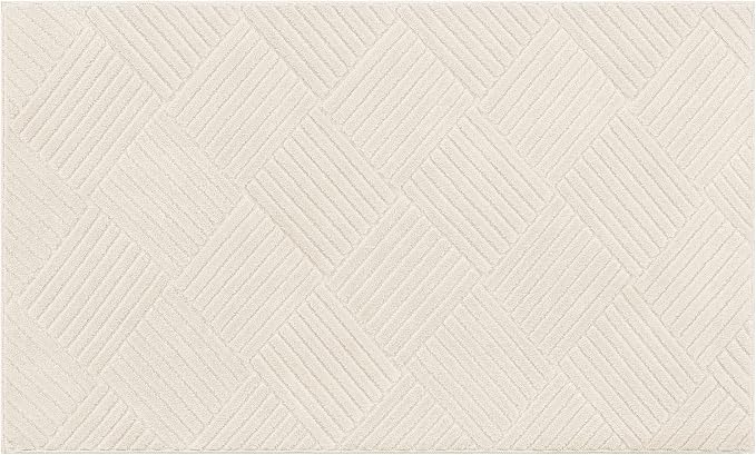 3x5 Living Room Area Rug, Beige Soft Geometric Fluffy Bedroom Mat | Washable Modern Indoor Floor Mat, Non Slip Shaggy Boho Accent Throw Carpet for Office, Dorm, Nursery and Dining Room