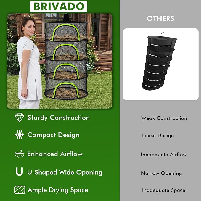 Herb Drying Rack Hanging Mesh 6 Layer 24" with Zipper, Gloves, Garden Pruning Shear, Hook & Carabiner Clip for Drying Herbs, Plants, Seeds, Buds | Outdoor, Hydroponics Herb Dryer Hanging Rack