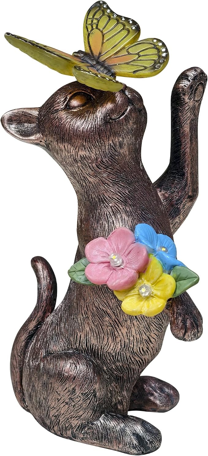 Solar Cat Garden Statues Outdoor - Waterproof Resin Cat Figurine with Butterfly Light -Outside Sculptures Decor for Yard Lawn Patio, Birthday Gifts for Women Mom
