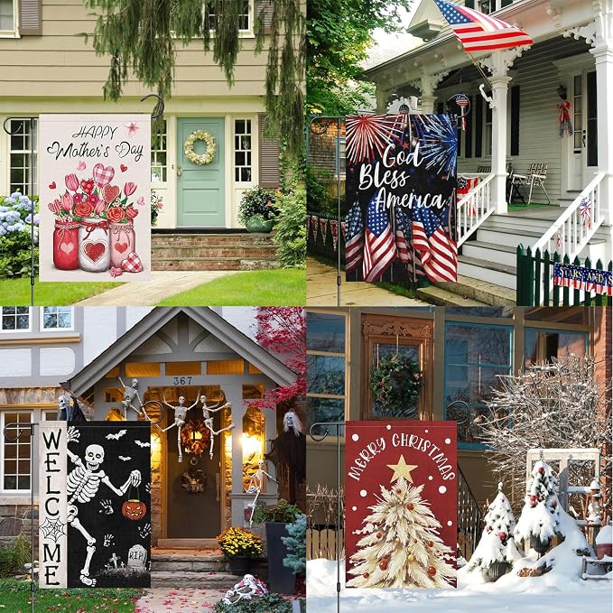 Louise Maelys All Season Garden Flag Set of 12 Double Sided 12x18 Inch Seasonal Small Burlap Welcome Fall Halloween Christmas Winter Yard Decoration Outdoor Outside House