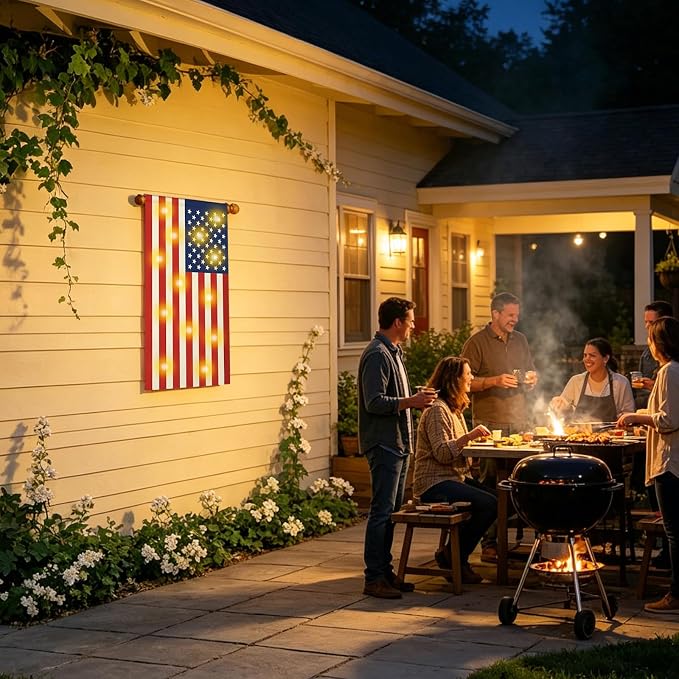 28 x 40 Inch Large Size American Flag Lights,USB Powered Light Up American Garden Flag(Power Supply not Included),Memorial Day,4th of July Decorations,Lighted Garden Outdoor Flag