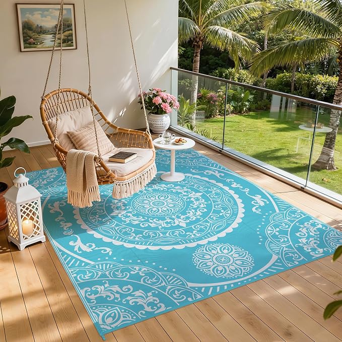 Pauwer Waterproof Outdoor Rug 8x10, Reversible Plastic Straw Patio Camping Rug, Indoor Outdoor RV Mat Carpet for Deck, Camper, Porch, Balcony, Backyard, Picnic, Paisley Teal