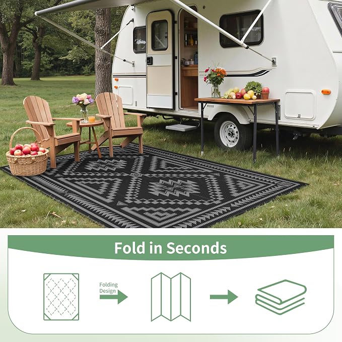 GENIMO Outdoor Rug for Patio Clearance - 5x8 ft Waterproof Plastic Camping Rugs, Reversible Outside Rv Mat Carpet for Porch, Deck, Picnic, Balcony, Beach, Backyard, Black Grey