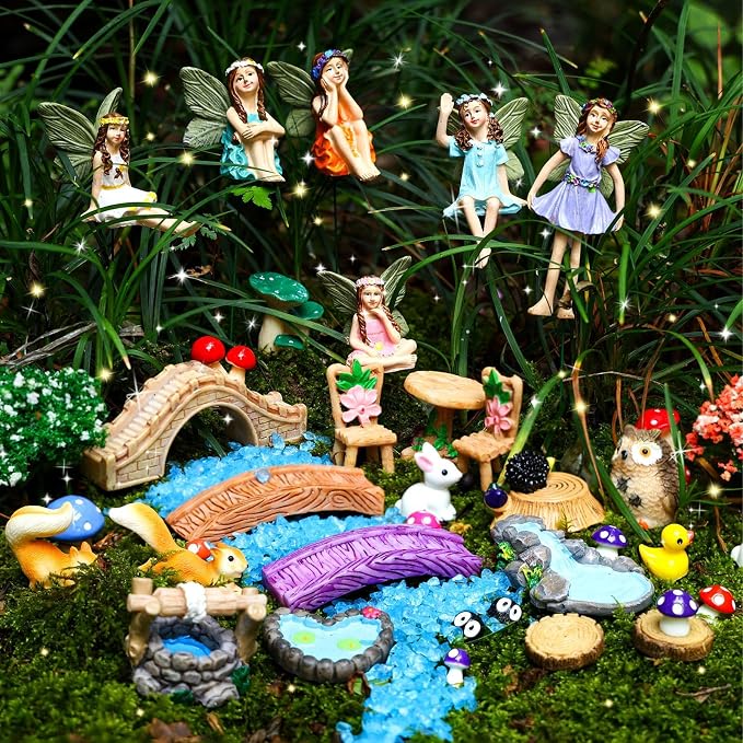100 Pcs Fairy Garden Accessories Miniatures Figures Kit Micro Landscape Terrarium Ornaments Resin Mushroom Animal Fake Pond Lawn Bridge Garden Decoration