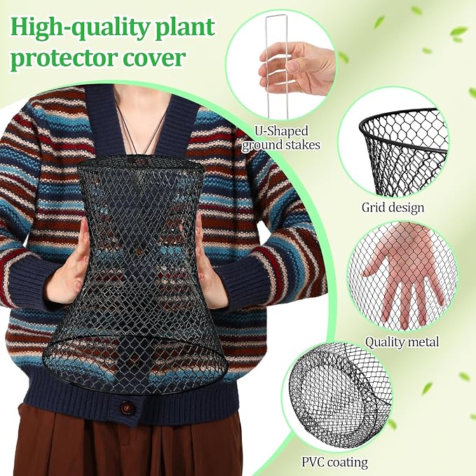 Therwen 20 Pcs Large Plant Wire Cloche 11 x 12 Inch Metal Garden Cloche with Garden Stakes Plant Protector from Animals for Keeping Bunnies Chicken Squirrels Birds (Black)