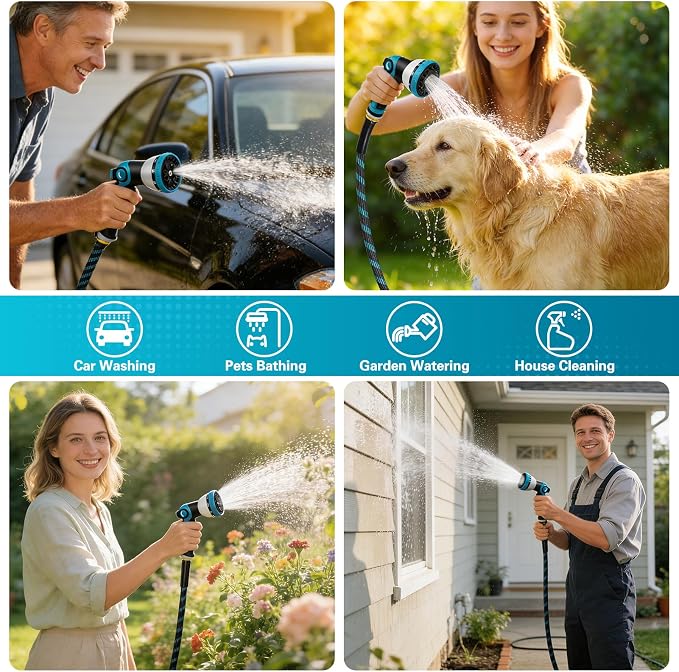 75FT Garden Hose, Non-Expandable Flexible Fabric Water Hose with 10-Function Spray Nozzle, Kink-Free & Lightweight Yard Hose with 3/4" Solid Brass Connectors for Lawn, Outdoor, RV & Marine Use