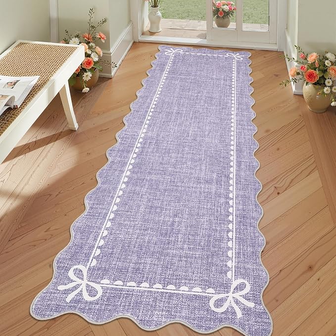 GarveeHome Scalloped Hallway Runner Rug 2.5x8 Non Slip Bedroom Rugs,Purple | Washable Bow Rug for Girls Dorm Nursery Living Room Entyrway Kitchen, Soft Low Pile Ultra-Thin Stain Resistant Indoor Carpet