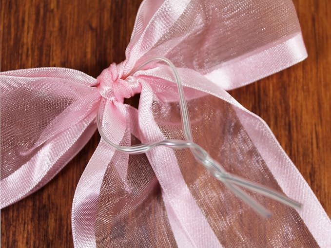Light Pink Pre-Tied Organza Bows With Twist Ties. Pack of 12 Satin-Edged Fabric Bows Made of 1-1/2" Ribbon. Bow Measures 4" Wide (12, Light Pink)
