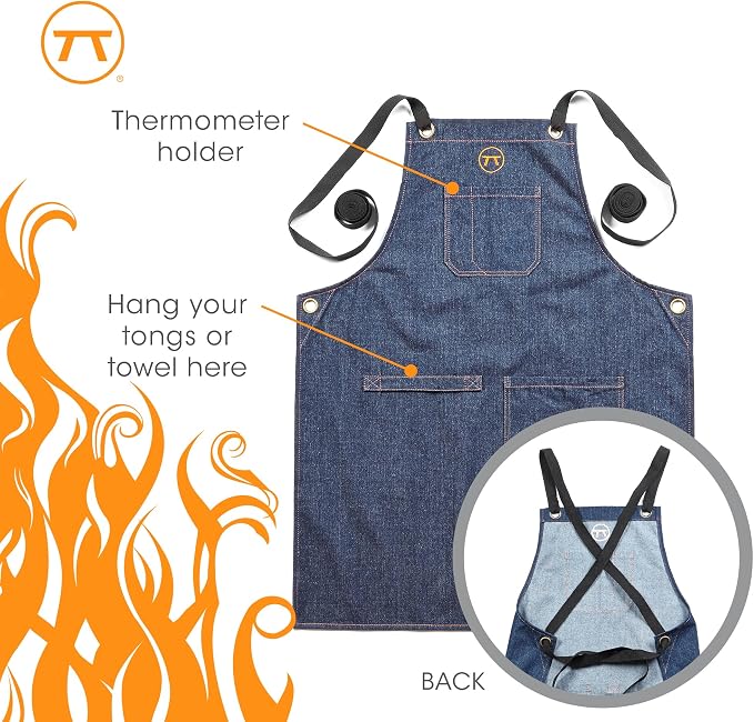 Outset Grill and Kitchen Apron, Cross Back Blue Denim Apron With Pockets, 27" x 30"