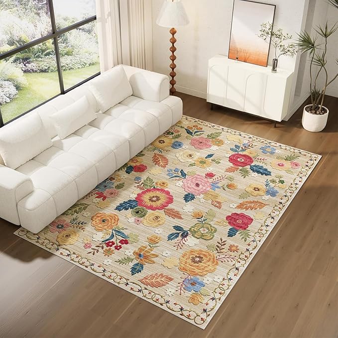 8x10 Area Rugs for Living Room: Washable Rug Non Slip Low Pile Soft Faux Wool Non Shedding Distressed Vintage Floral Large Area Rugs for Bedroom Dining Room Nursery Under Table Farmhouse Home Office