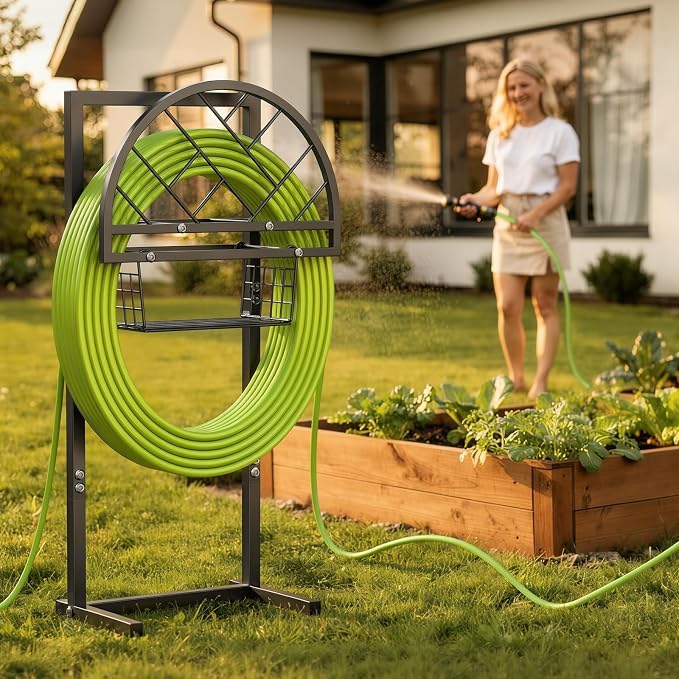 Garden Hose Holder Heavy Duty Water Hose Holder with Storage Basket,Holds Up to 165FT Hose, Freestanding Outdoor Hose Hanger with 4 Spikes Sturdy Hose Stand, for Outside Yard Lawn Patio