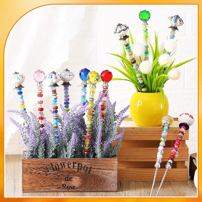 Hicarer 248 Pcs DIY Fairy Wand Kit Beaded Stakes with 12 Threaded Rod Nuts 6 Crystal Stopper Top 6 Ceramic Pumpkin Mushroom Top 212 Diamond Bead 12 Silver Glass Pendant for Outdoor Garden Decoration