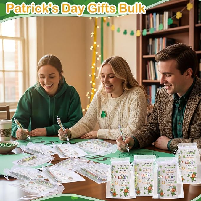 Marspark 30 Set St. Patrick's Day Gifts Bulk Lucky Shamrock Ballpoint Pens and Greeting Cards with Bag Twist Tie for St Patricks Day Employee Coworker School Office Home Irish Party Favor Supplies