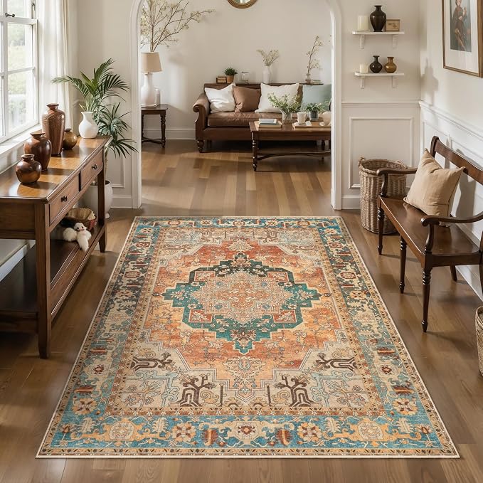 Tangsoo Oriental 3x5 Rug, Washable Non Slip Accent Rugs for Entryway Orange | Vintage Print Indoor Carpet, Boho Soft Low Pile 3x5 Area Rugs for Living Room Dorm Bedroom Bathroom Entrance Home Decor