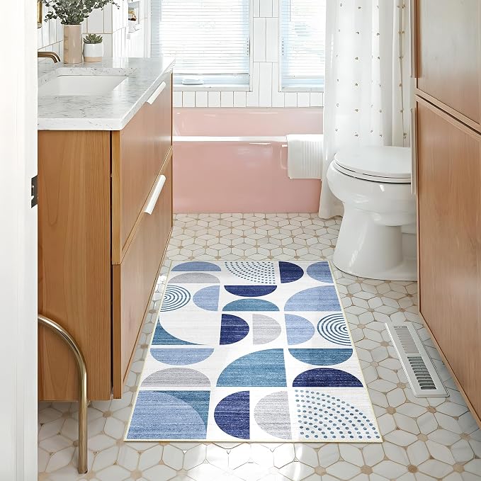 Blue Small Rug Washable,2x3 Area Rugs Non Slip Modern Abstract | Machine Washable Throw Carpet for Entryway Bathroom Entry Entrance Bedroom Kitchen Boho Soft Low Pile Indoor Navy Blue
