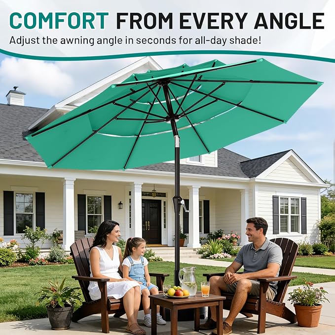 AreShark 9ft 3-Tier Patio Umbrellas, Outdoor Umbrella with 8 Sturdy Ribs UV Protection Windproof, Market Table Umbrella w/Push Button Tilt & Crank for Pool, Porch, Deck, Garden(Aruba Blue)